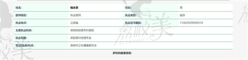 昆明皮肤专科杨永贵医生资质