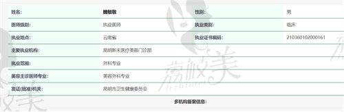 昆明新禾整形医院魏敏敬医生资质